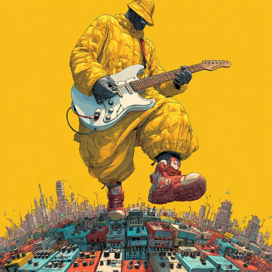 Person in yellow raincoat playing guitar with a cityscape background