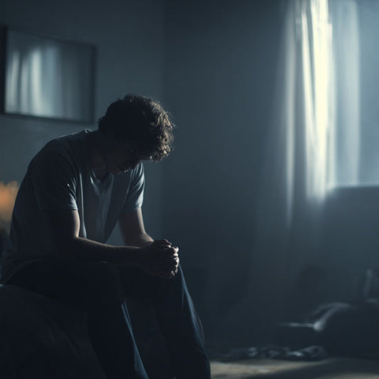Person sitting on a bed in a dimly lit room with a window in the background