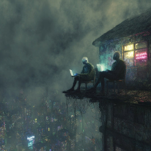 Two people using laptops on a rooftop with a cityscape and neon signs in the background