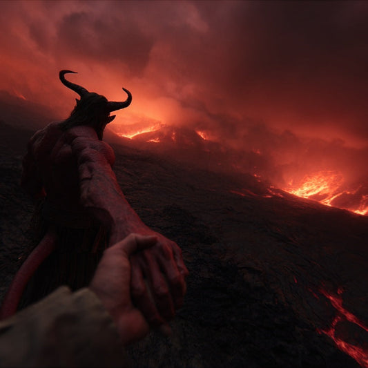 Person holding a hand with horns in a fiery, otherworldly landscape