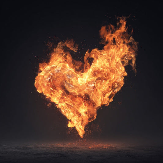 Flaming heart shape on a dark background