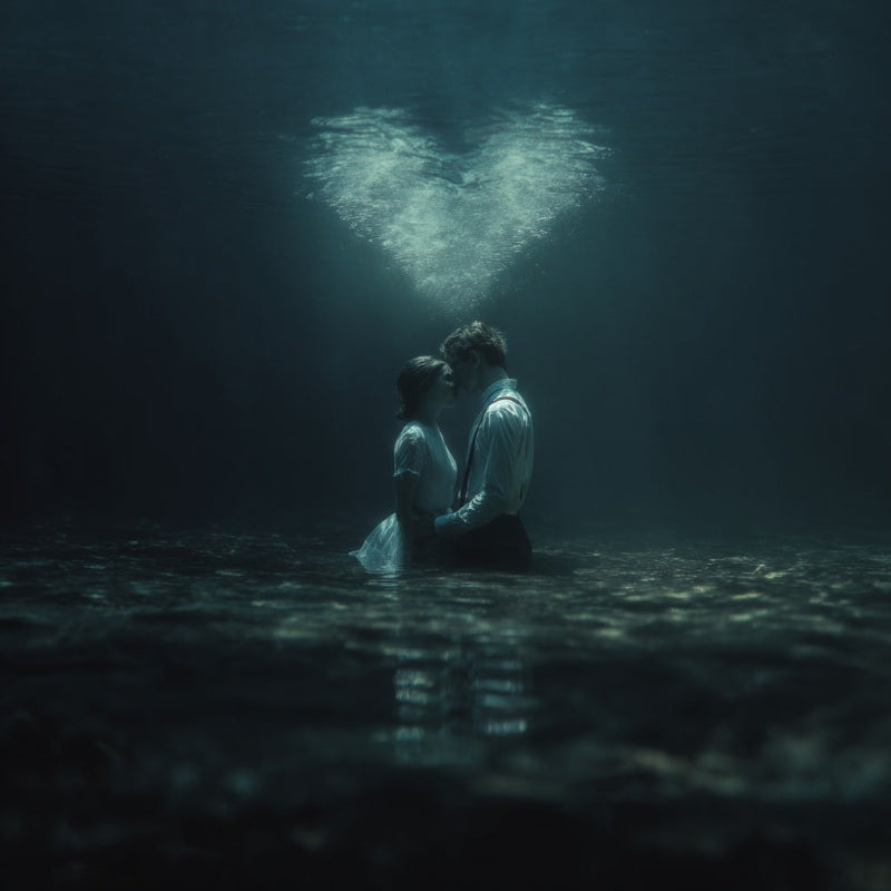 Two people underwater with a heart-shaped bubble formation above them