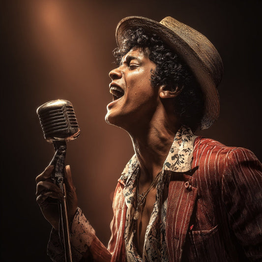 Person singing into a vintage microphone with a warm, dramatic light.