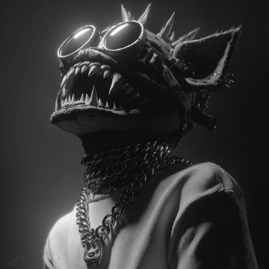 Person wearing a detailed mask with glowing eyes and chain necklace against a dark background