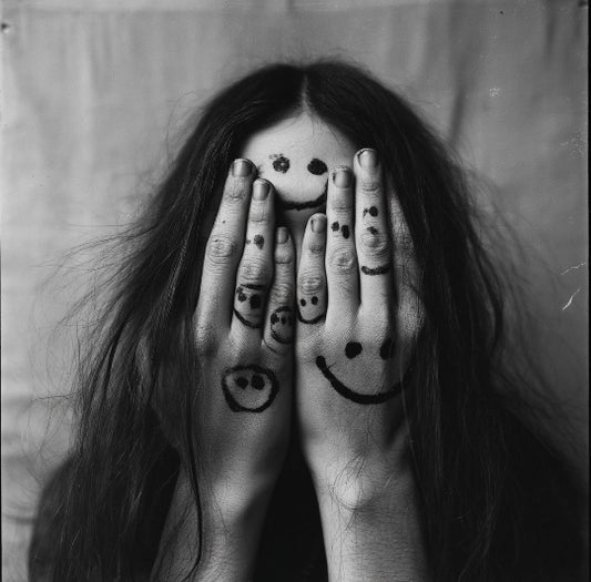 Person with smiley face drawings on hands covering face against a neutral background
