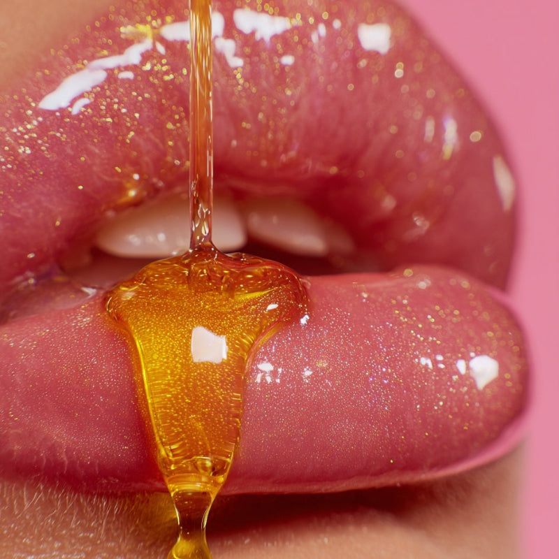 Close-up of honey being dripped onto lips with a pink background