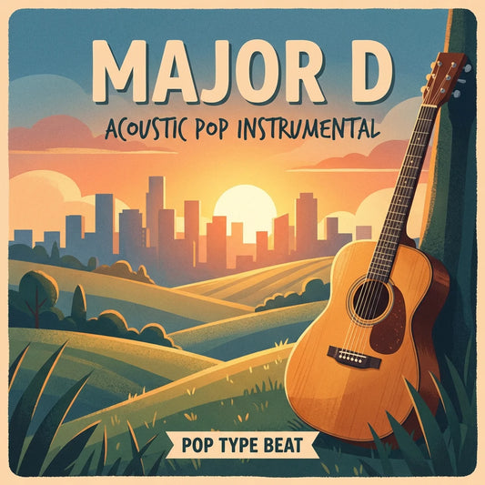 Album cover with acoustic guitar, cityscape, and sunset, featuring 'Major D Acoustic Pop Instrumental' text.