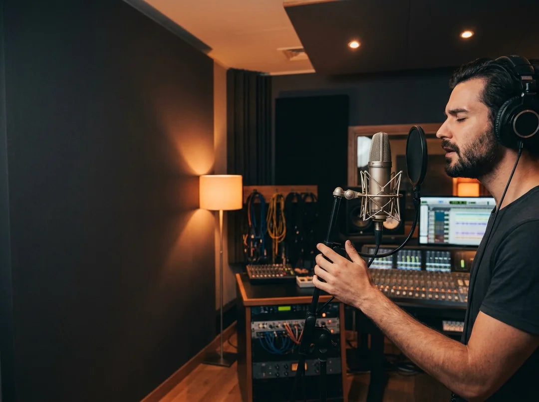 An independent male recording artist inside a modern recording studio
