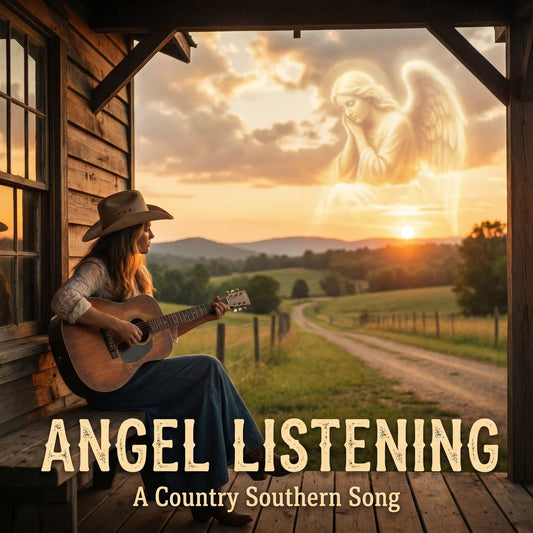 Woman playing guitar on a porch with an angel and sunset in the background, text 'Angel Listening: A Country Southern Song'.