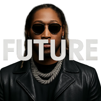Person wearing sunglasses and a black leather jacket with 'FUTURE' text overlay on a white background