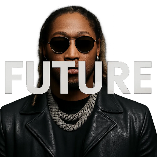 Person wearing sunglasses and a black leather jacket with 'FUTURE' text overlay on a white background