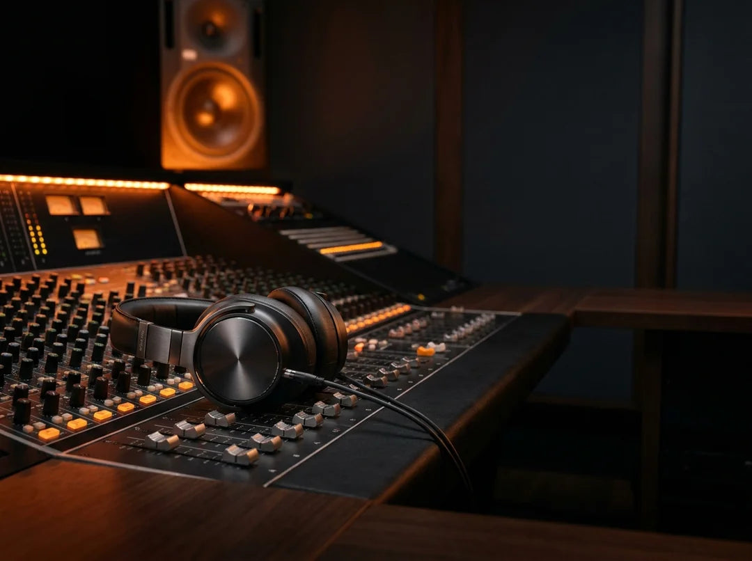 Close-up of high-end studio headphones resting naturally across a professional recording studio mixing console, detailed faders and controls visible
