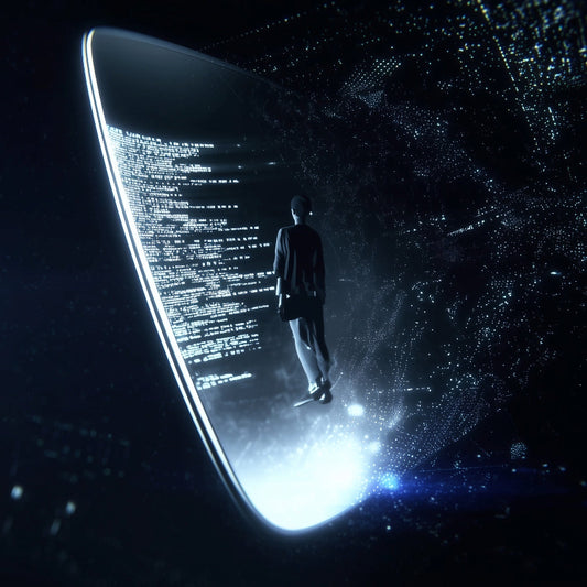 Person standing on a glowing platform with code displayed, against a dark space background