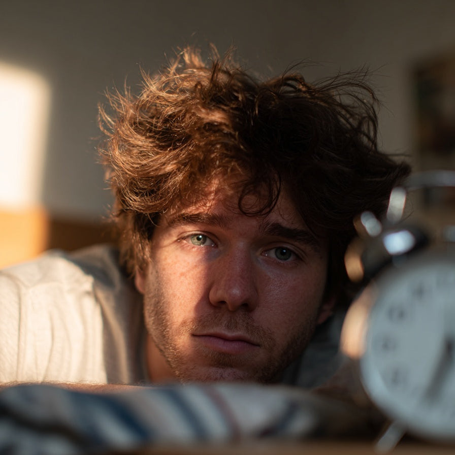 Man lying in bed with an alarm clock next to him, looking tired.