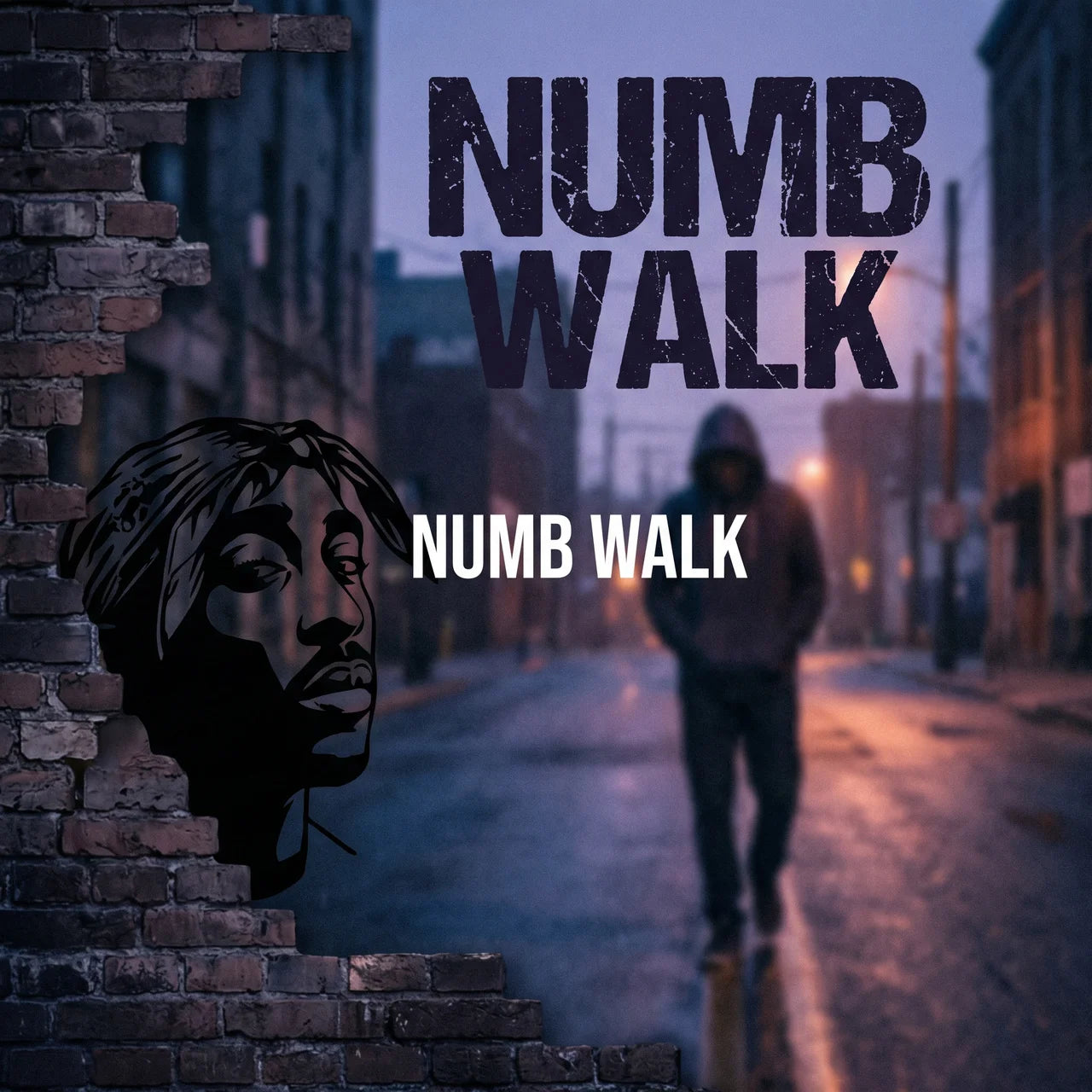 Album cover with silhouette of a person, text 'Numb Walk', and urban street scene.