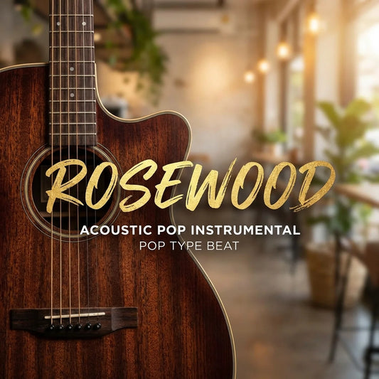 Acoustic guitar with 'Rosewood' text over a blurred cafe background