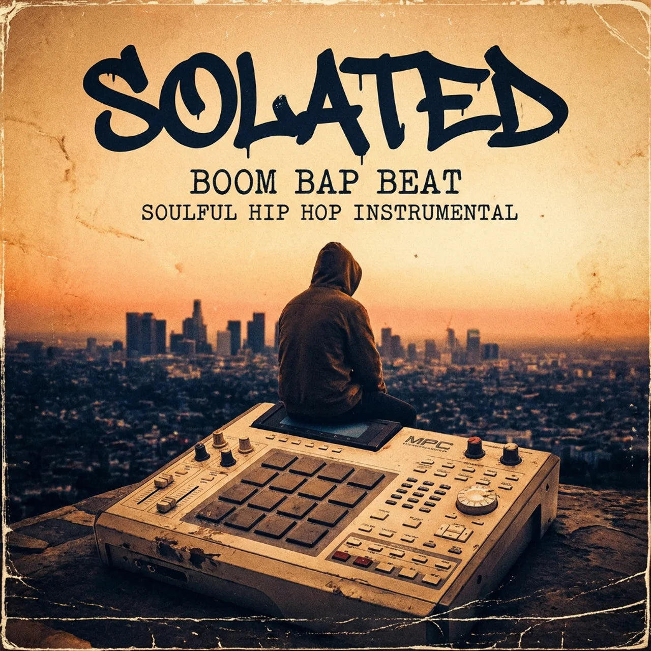 Album cover with person sitting on a synthesizer overlooking a cityscape, featuring the text 'SOLATED BOOM BAP BEAT SOULFUL HIP HOP INSTRUMENTAL'.