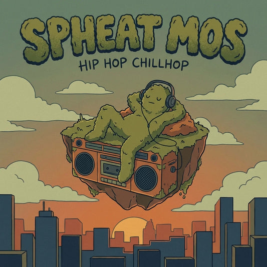 Album cover with a character lying on a boombox, surrounded by clouds and cityscape.