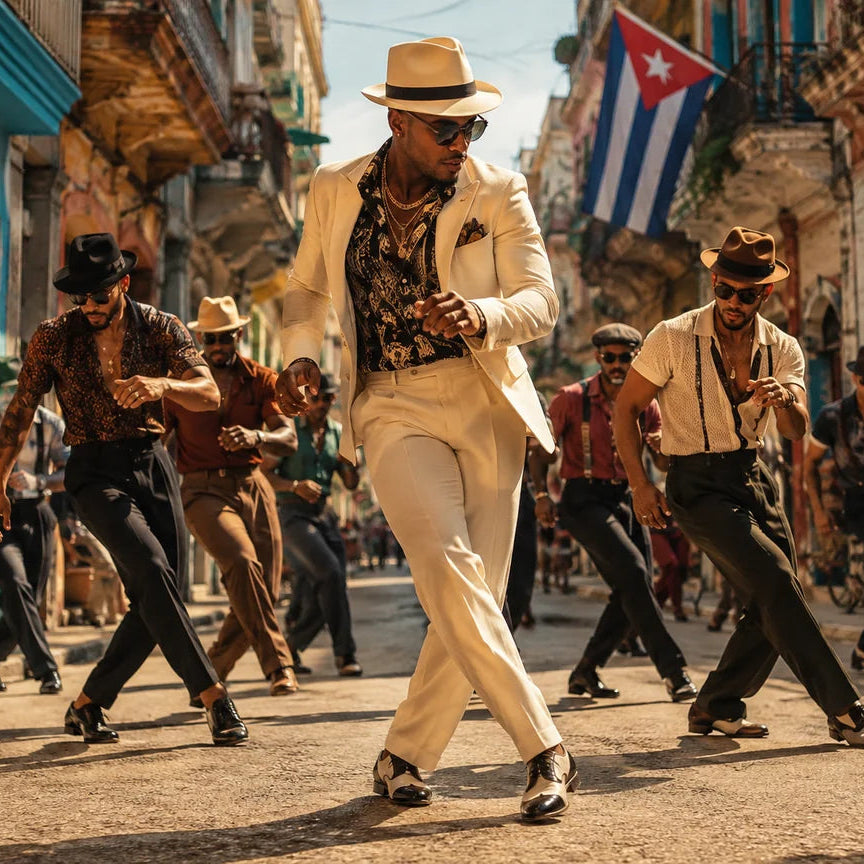A man in a cream-colored suit and fedora hat dances in the center of a sunlit, narrow city street, surrounded by other men in retro outfits performing a choreographed routine. Historic buildings, a Cuban flag, and warm shadows fill the background.