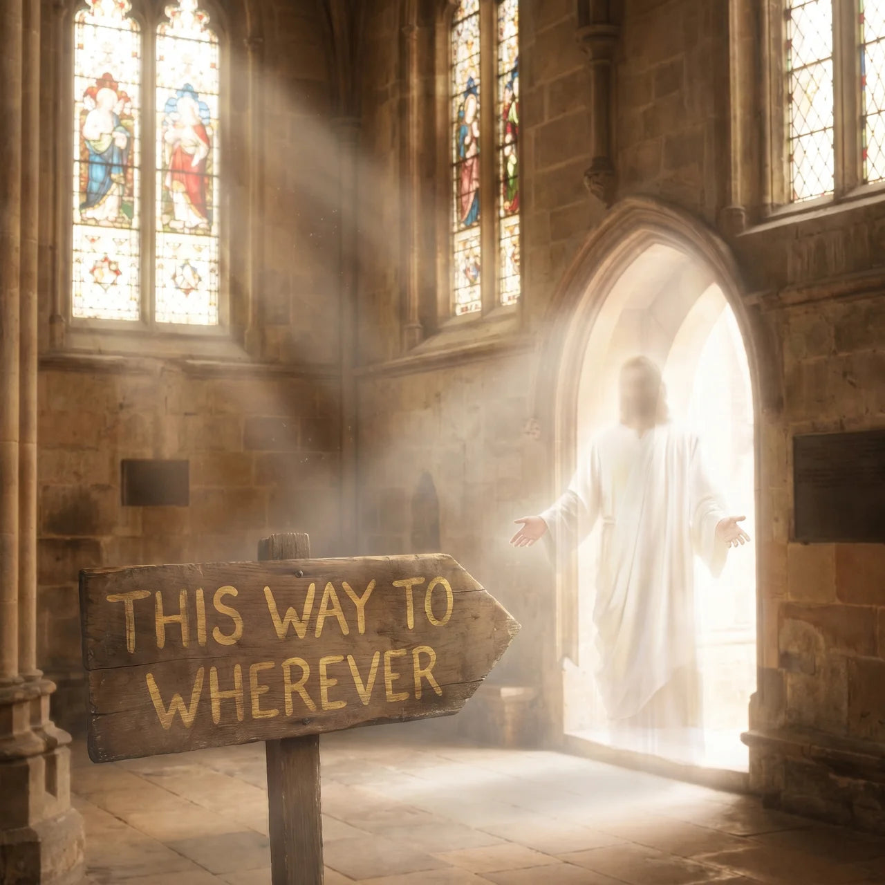 Wooden sign pointing 'This Way To Wherever' in a cathedral with a glowing figure behind an archway.