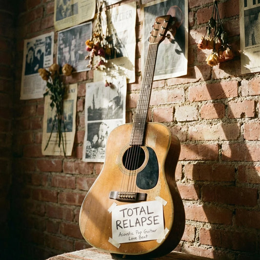 Acoustic guitar with 'Total Relapse' label against a brick wall with posters and flowers.