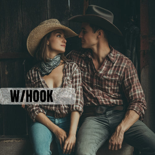 Couple in cowboy hats sitting together with 'W/Hook' text overlay.