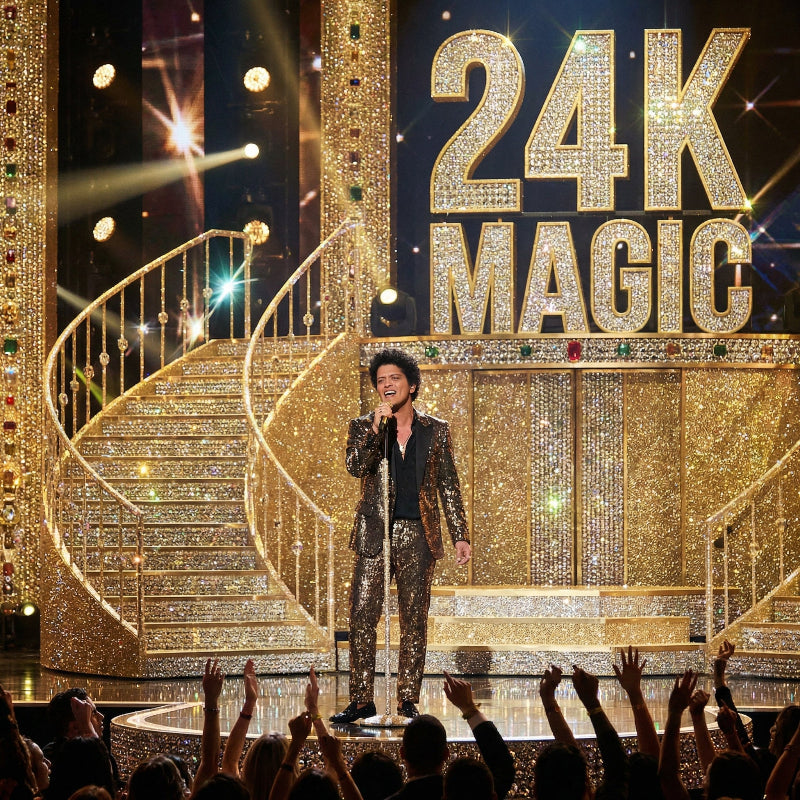 Person on stage with '24K Magic' backdrop, surrounded by sparkling staircase and audience.