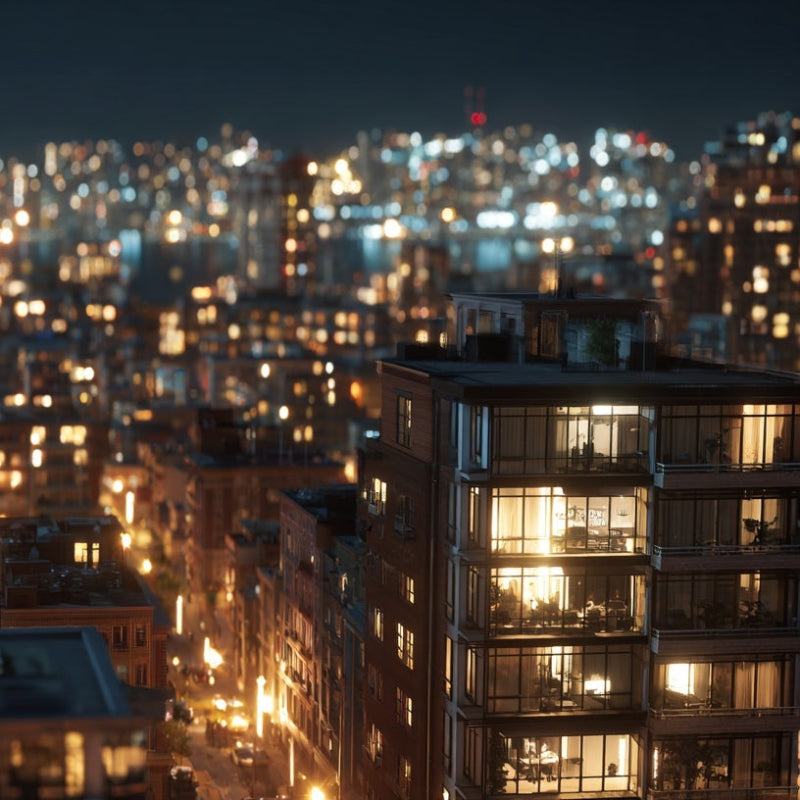 Cityscape at night with illuminated buildings
