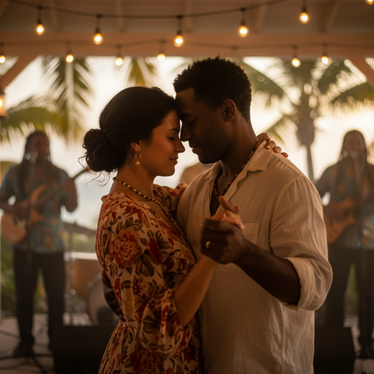 Couple dancing under a canopy with musicians playing in the background