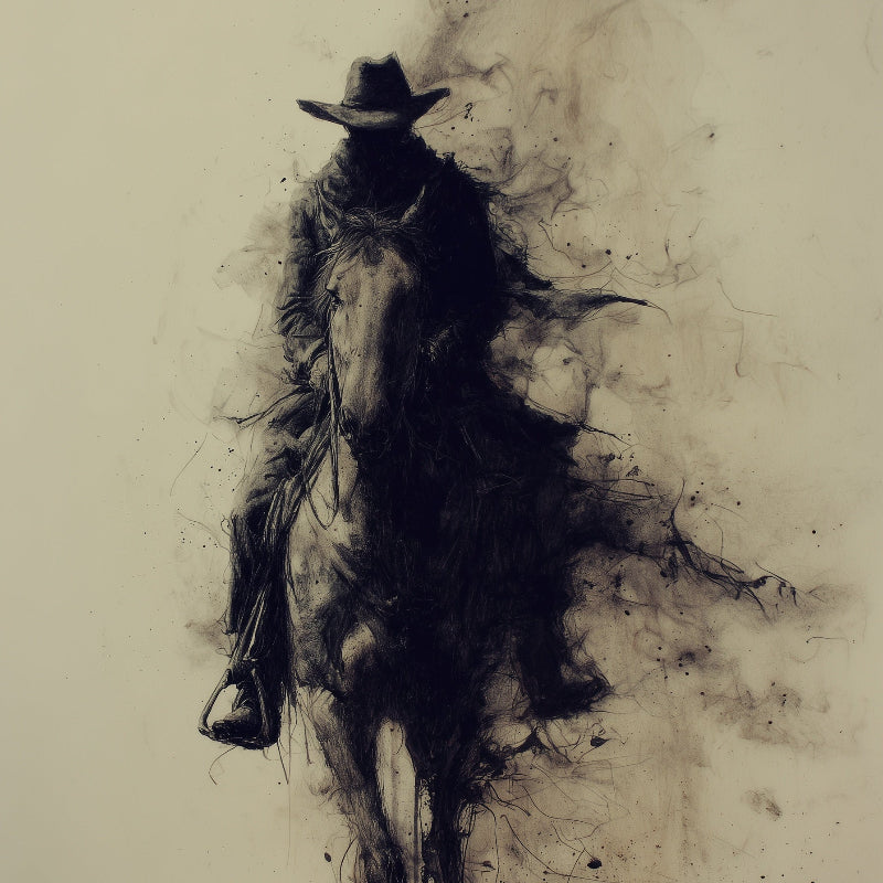 Artistic depiction of a cowboy on horseback with a textured background