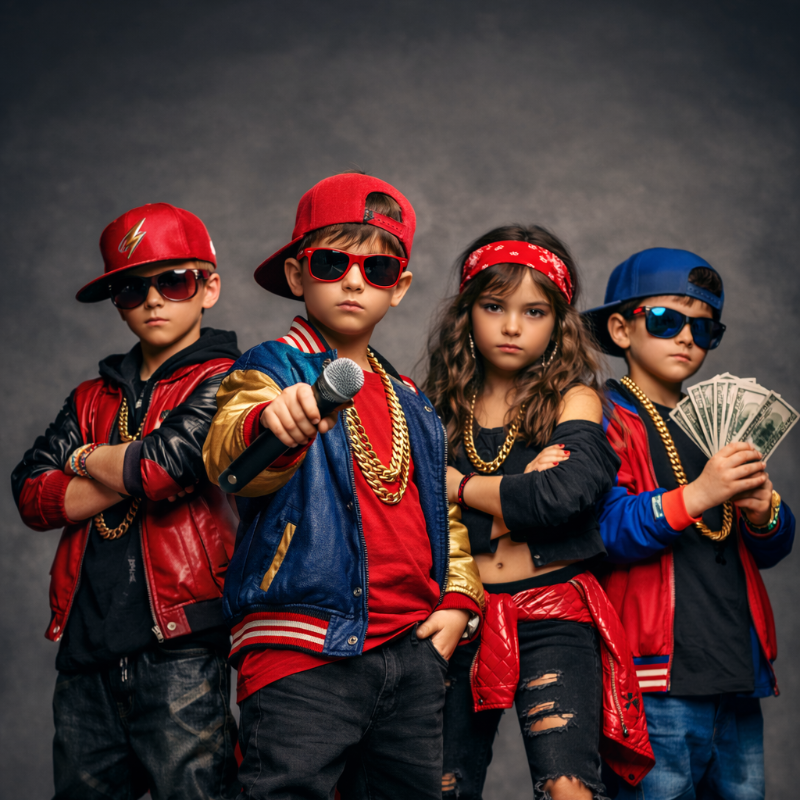 Four children in stylish outfits with red and blue accents on a dark background