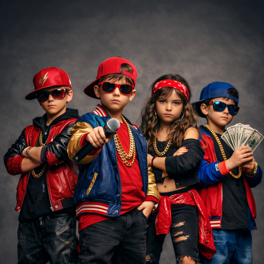 Four children in stylish outfits with red and blue accents on a dark background