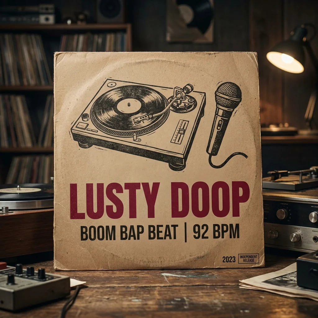 Record album cover with turntable and microphone illustration, labeled 'Lusty Doop Boom Bap Beat 92 BPM', set against a music-themed background.