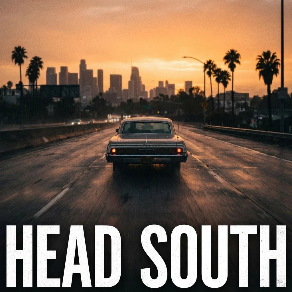 Vintage car on a highway with palm trees and city skyline at sunset, text 'HEAD SOUTH' at the bottom.