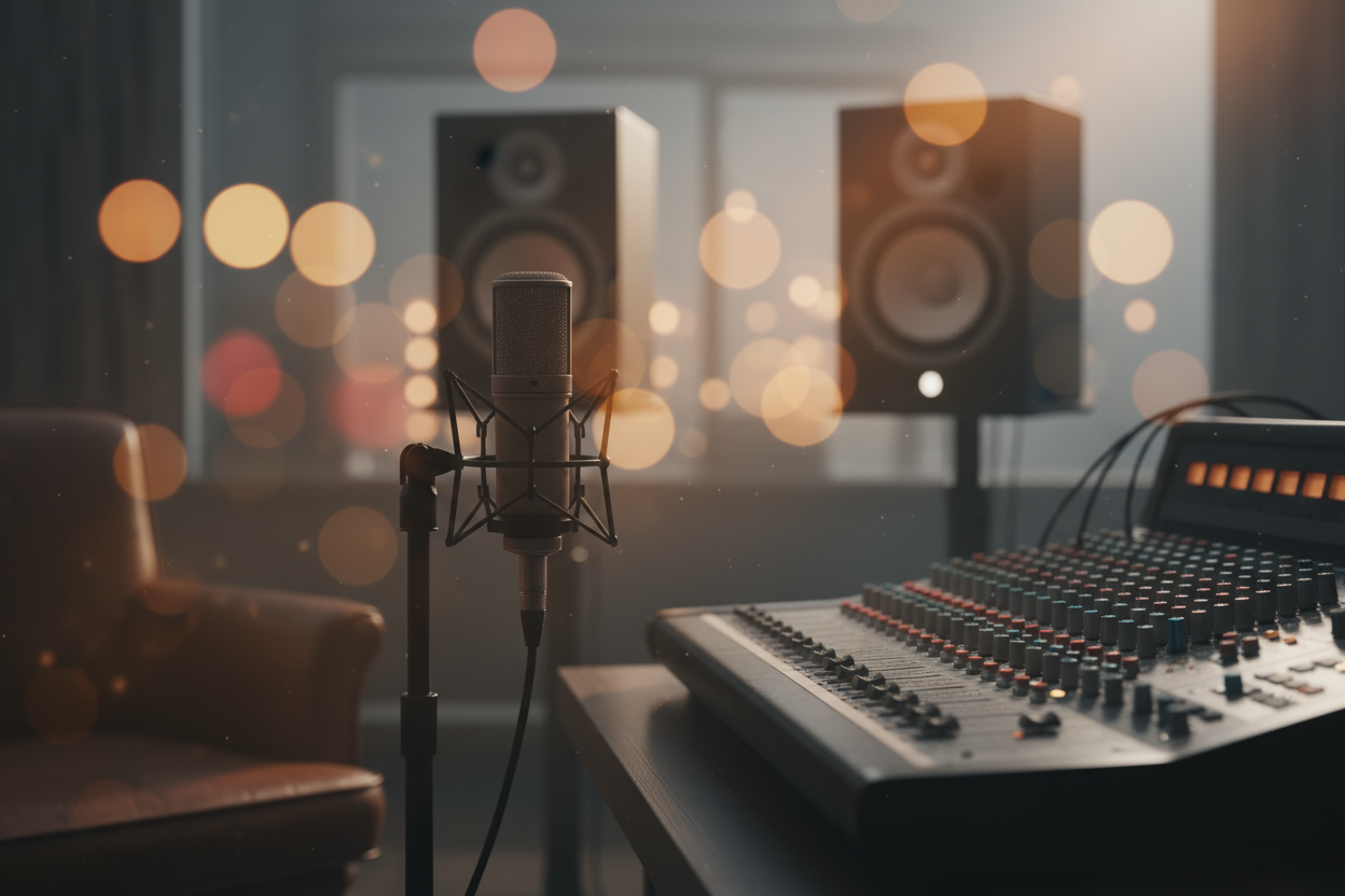 image of a recording studio, defocued background, bokah, moody muted colors