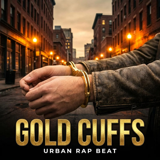 Gold cuffs on a hand with an urban street background, featuring the text 'Gold Cuffs Urban Rap Beat'.