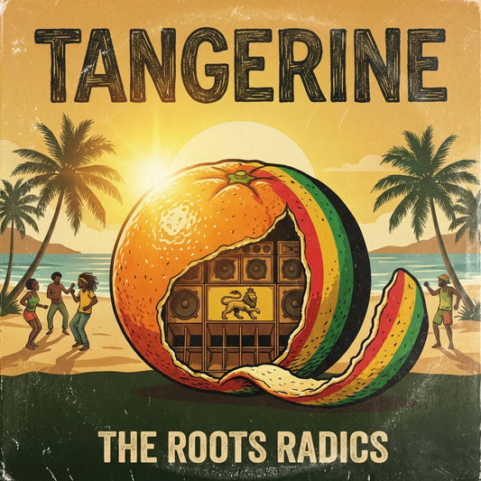 Album cover for 'Tangerine' by The Roots Radics with an orange and people on a beach.