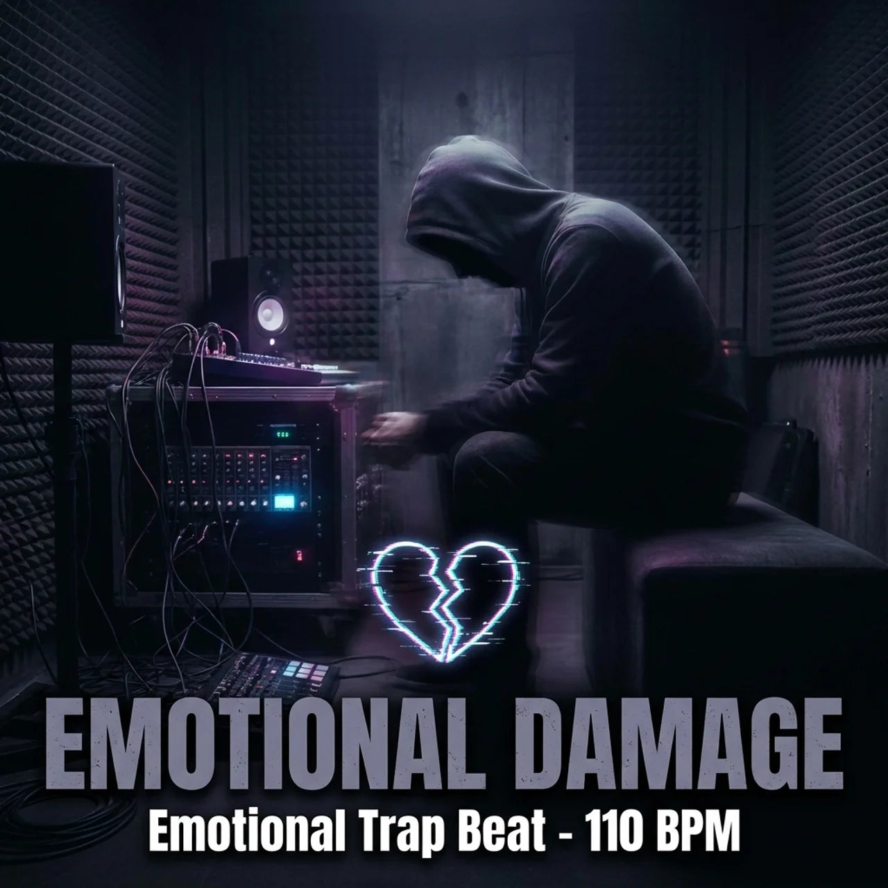 Person in a dark room with electronic equipment, text 'Emotional Damage Emotional Trap Beat - 110 BPM' displayed.
