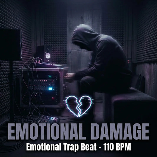 Person in a dark room with electronic equipment, text 'Emotional Damage Emotional Trap Beat - 110 BPM' displayed.