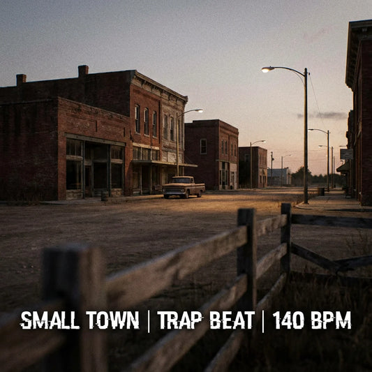 Vintage street scene with old buildings and a truck, labeled 'Small Town Trap Beat 140 BPM'.