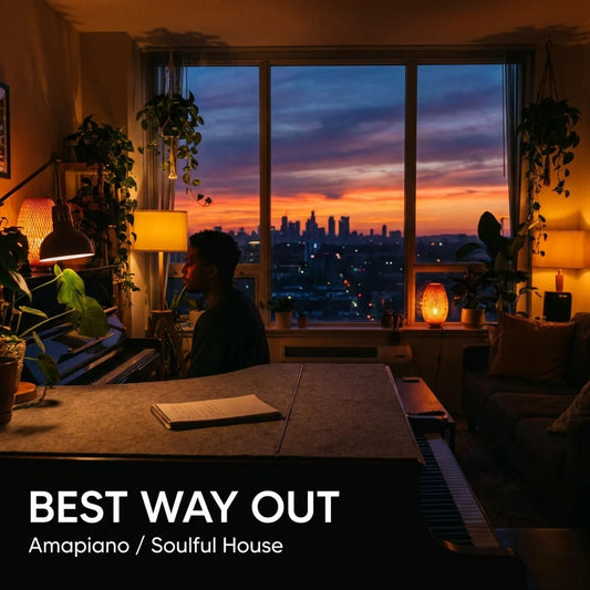 Person sitting at a desk with a cityscape view at sunset, with text 'BEST WAY OUT' and music genre details.
