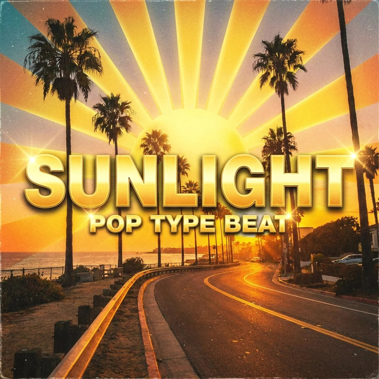 Sunset scene with palm trees and a road, featuring the text 'SUNLIGHT POP TYPE BEAT'.