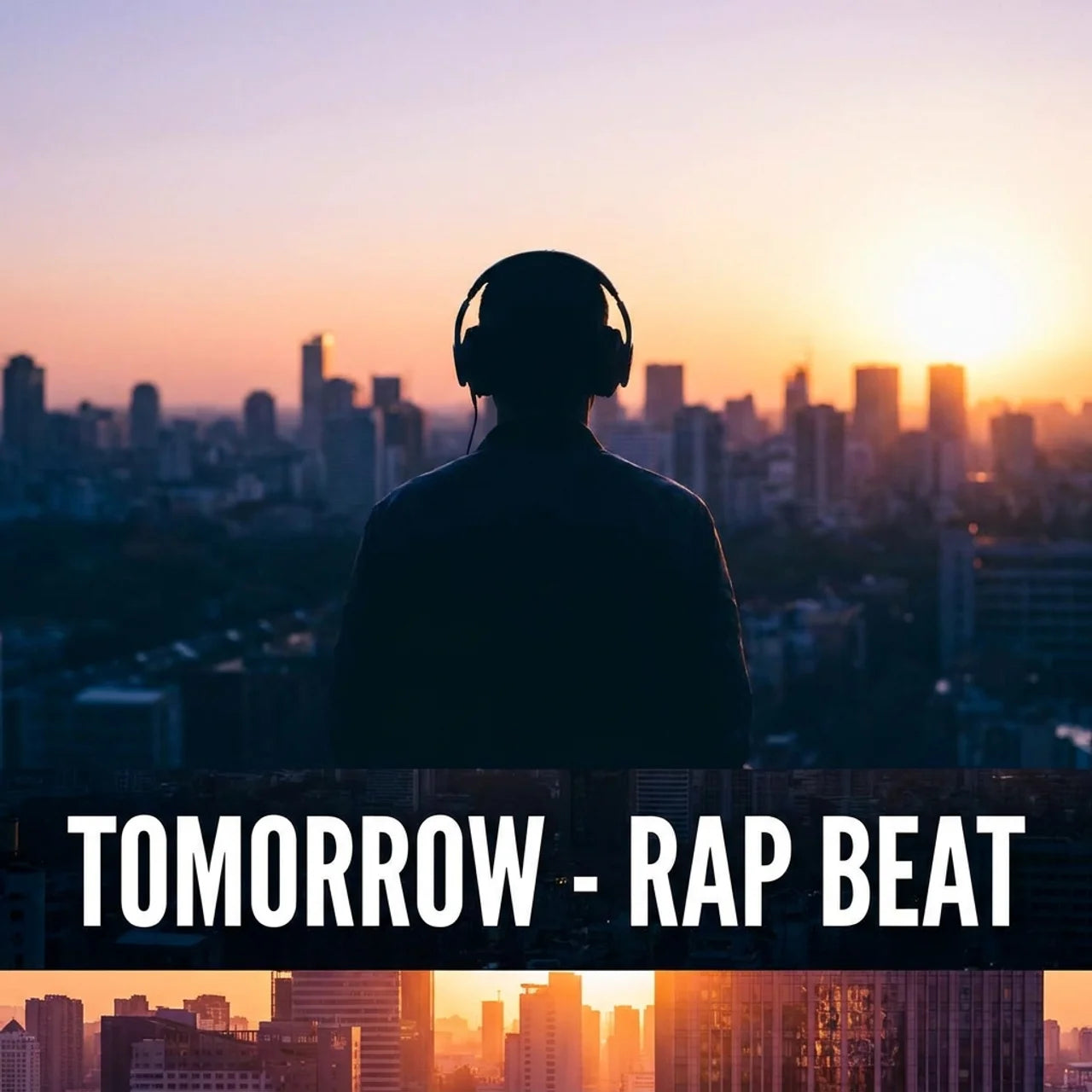Person wearing headphones with a cityscape and sunset in the background, text 'Tomorrow - Rap Beat' displayed.