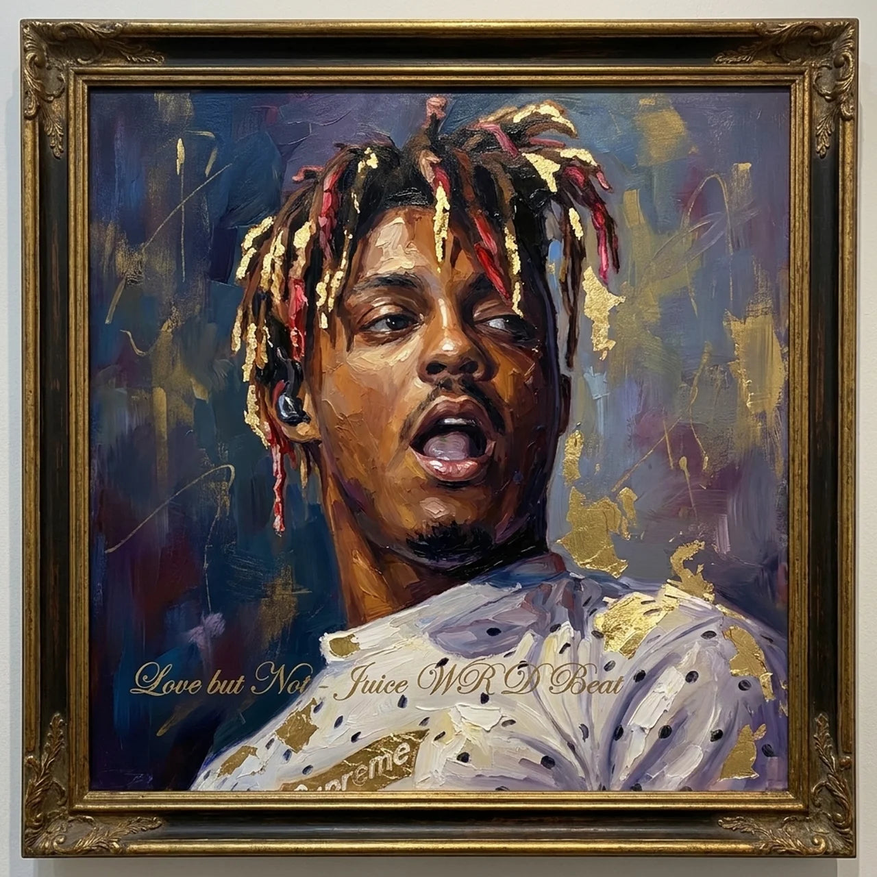Framed artwork of a person with colorful hair and a textured background