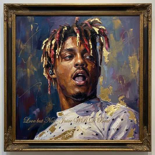 Framed artwork of a person with colorful hair and a textured background
