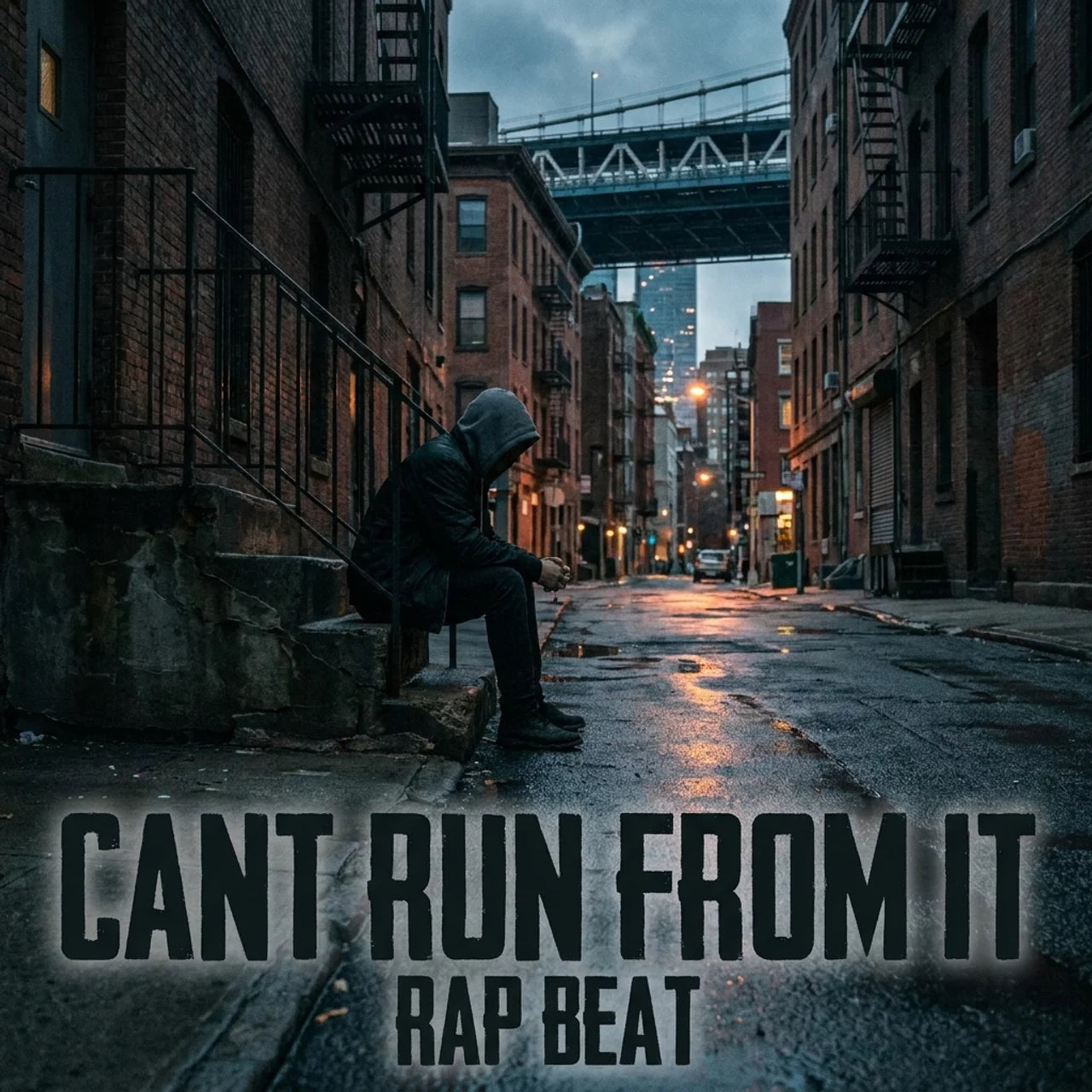 Album cover art for 'Cant Run From It - Rap Beat' featuring a dark, moody urban street scene with a person sitting on a curb in a hoodie, flanked by brick buildings under a bridge, with bold black title text at the bottom.