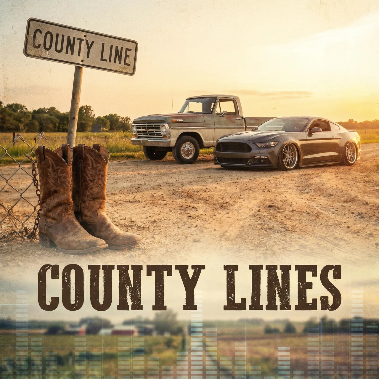 Two vehicles on a dirt road with a 'County Line' sign and cowboy boots, featuring the text 'County Lines'.
