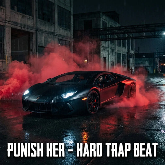 Black sports car with red smoke effects in an urban setting, featuring text 'PUNISH HER - HARD TRAP BEAT'.