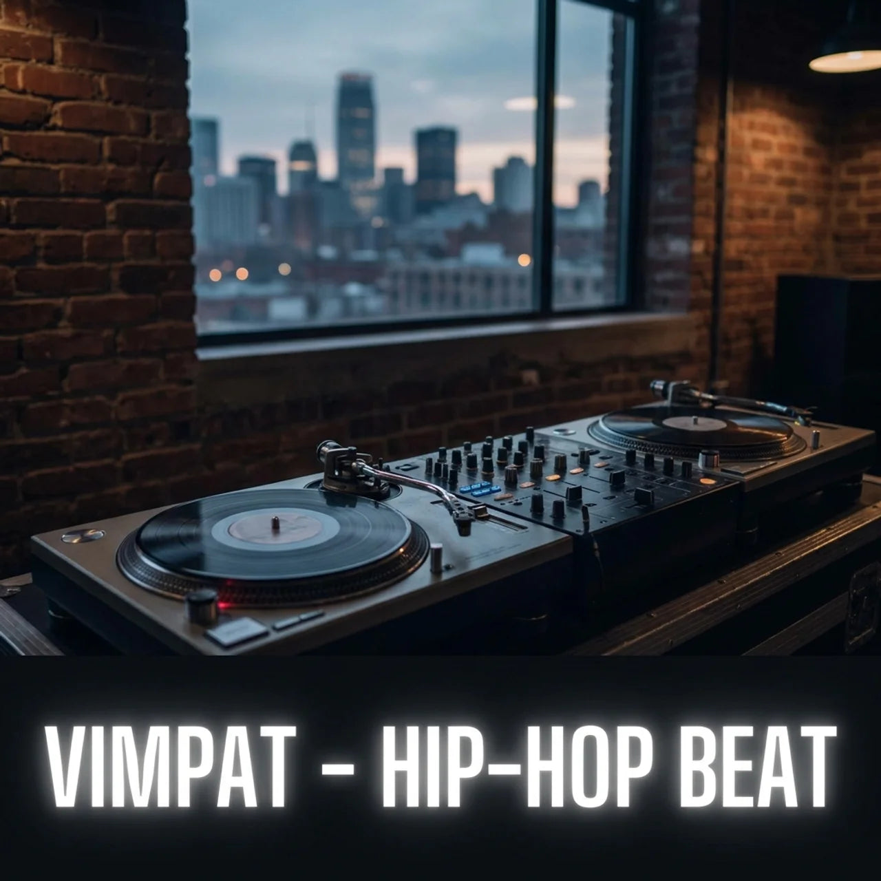 DJ turntables with a cityscape view through a window, featuring the text 'VIMPAT - HIP-HOP BEAT'.