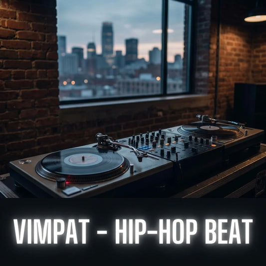DJ turntables with a cityscape view through a window, featuring the text 'VIMPAT - HIP-HOP BEAT'.
